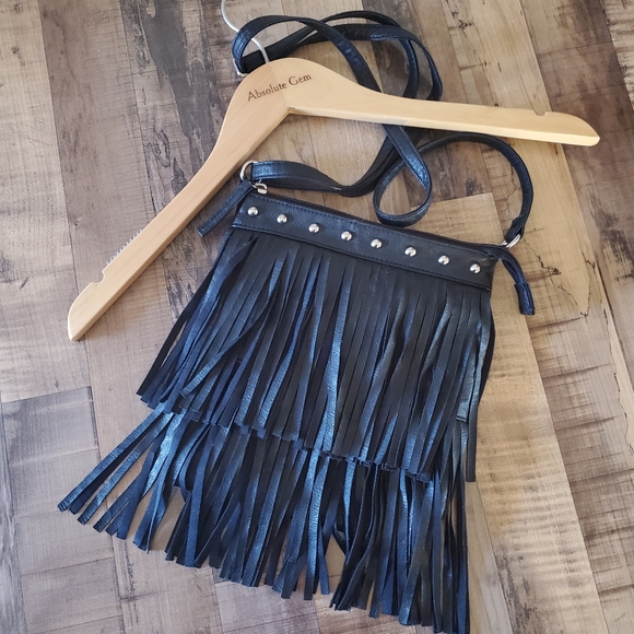 Bongo black fringe crossbody bag purse with stud detail and an adjustable strap - Picture 16 of 16